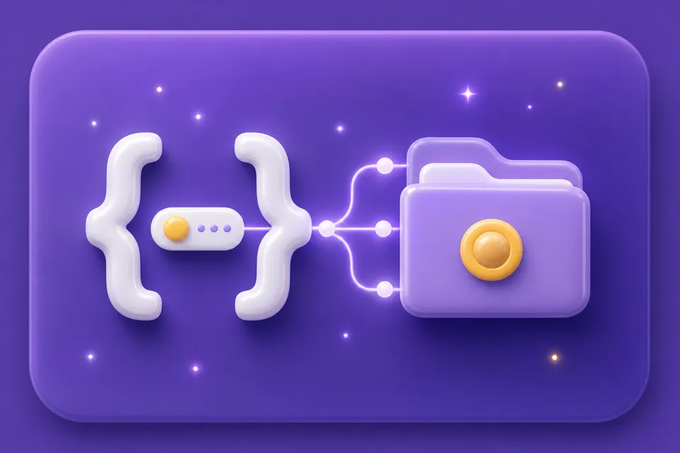Illustration of code braces connected to a folder through an API