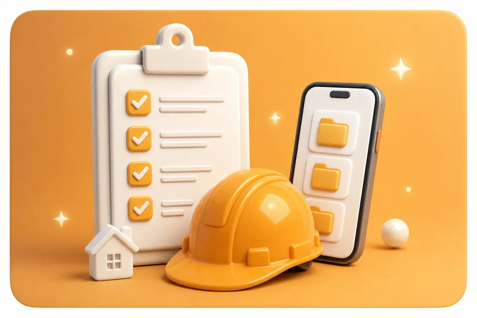 Illustration of a field-service checklist, hard hat, and phone with job folders
